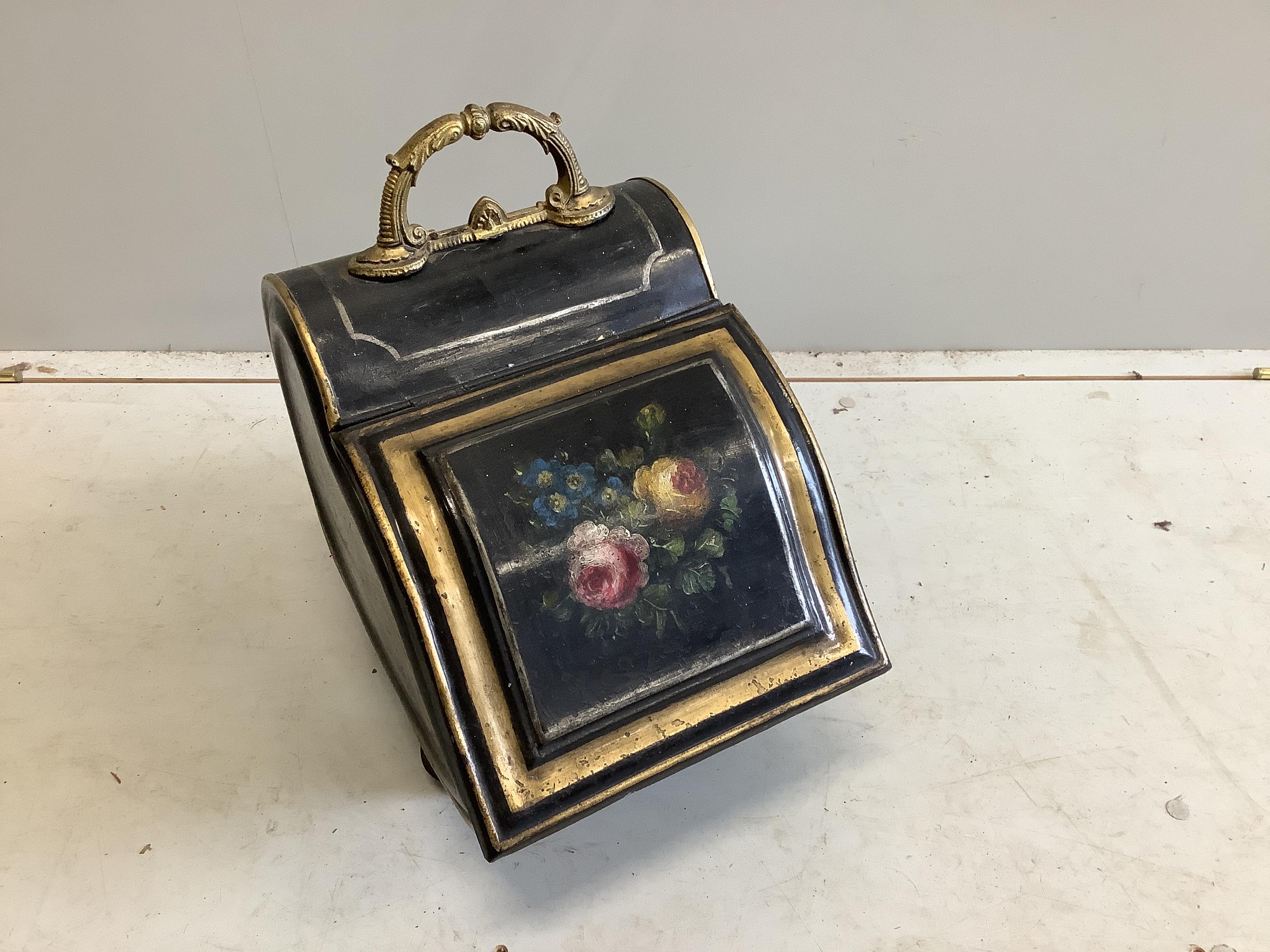 A Victorian toleware coal scuttle and scoop, width 28cm, height 41cm